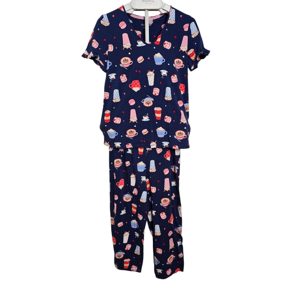 Cuddl Duds Coffee Latte Print PJ Set Womens S Navy Cozy Cottagecore Lounge